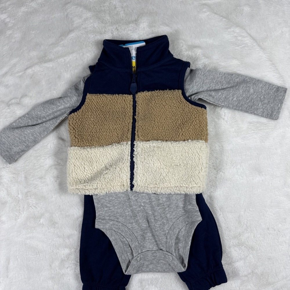 Carters Baby Boy 6M 3-Piece Sherpa Vest Penguin Bodysuit Pants Set Navy Gray NWT